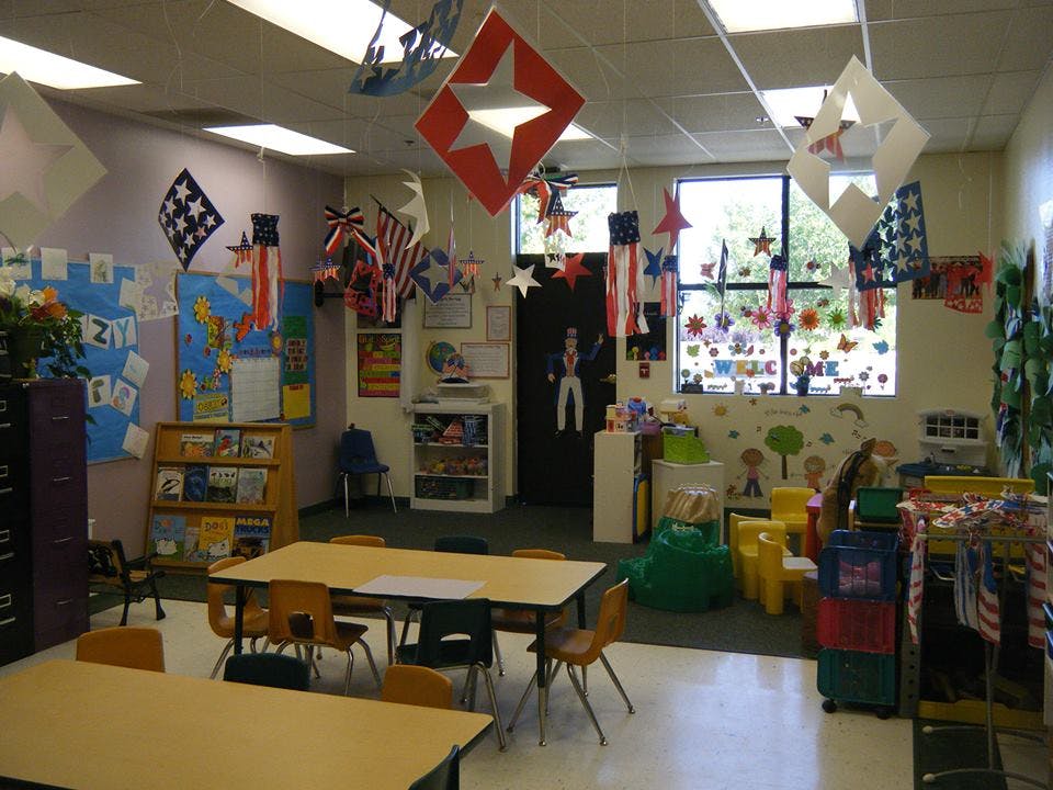 Classroom decorated with patriotic themed items