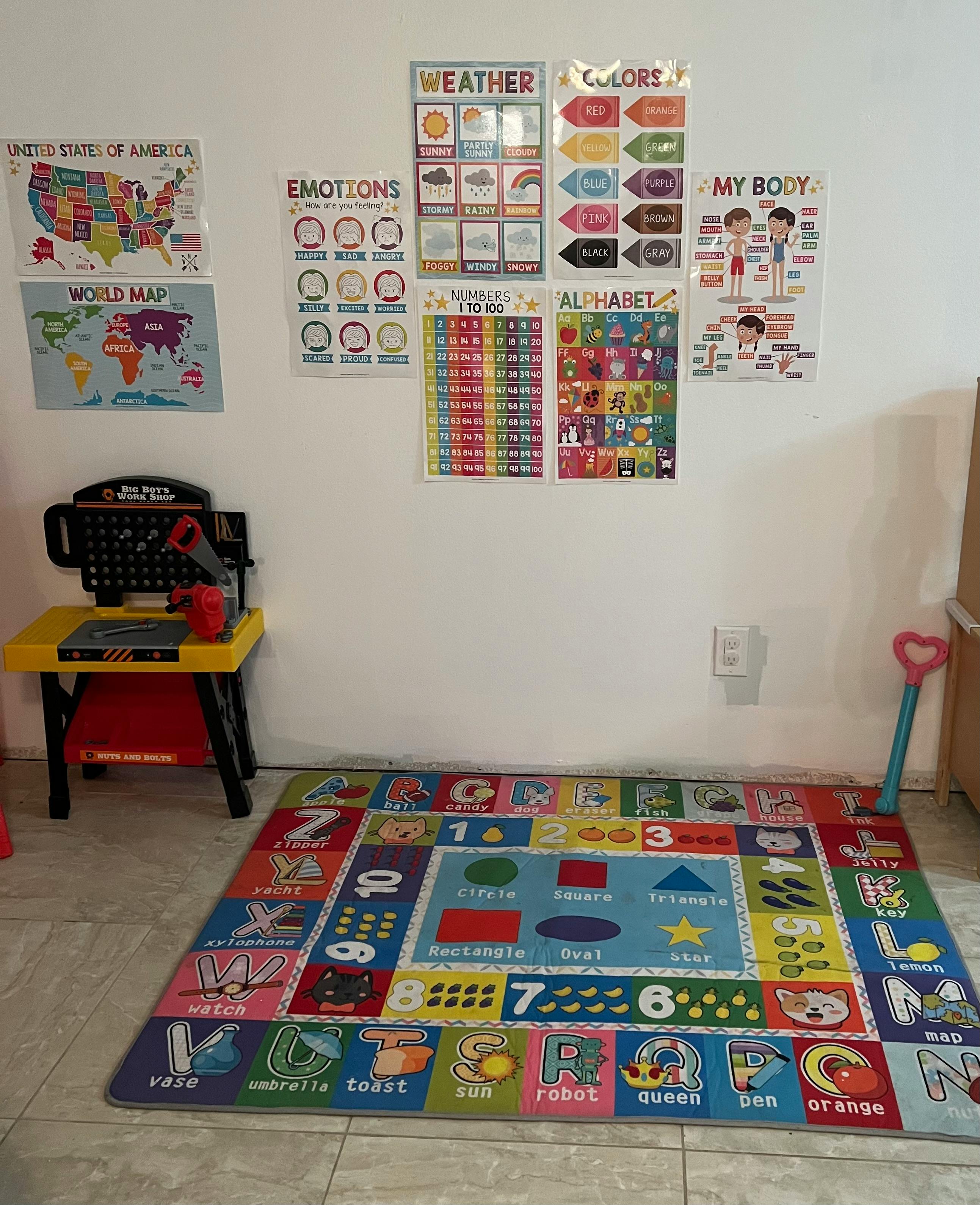 Playroom with educational posters on the wall and an alphabet rug on the floor