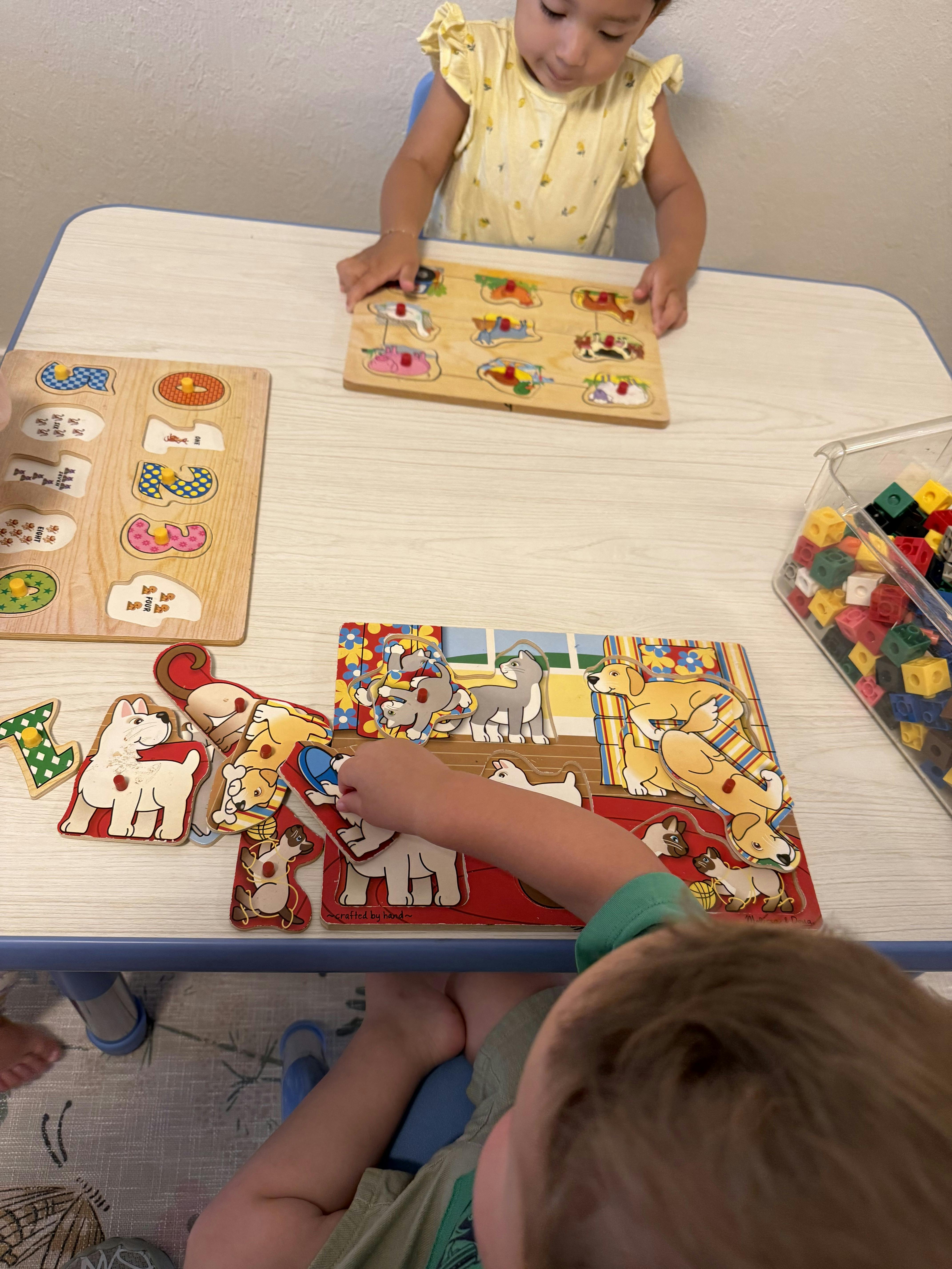 Children playing with wooden peg puzzles at a table