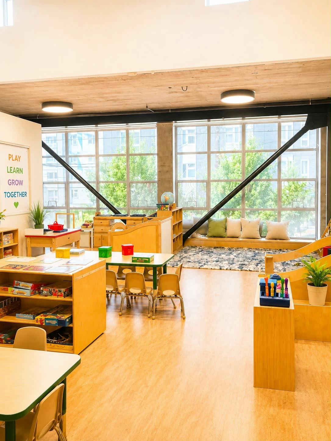 Classroom with child-sized tables, shelves of toys, and a window seat