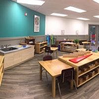 Classroom with tables, chairs, and learning materials