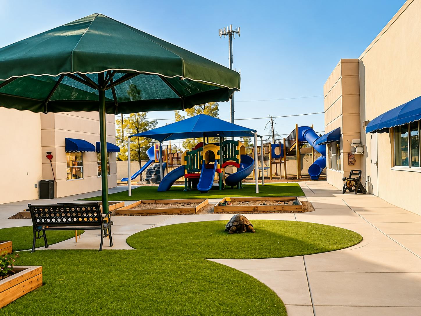 Playground with climbing structures, slides, and sandboxes