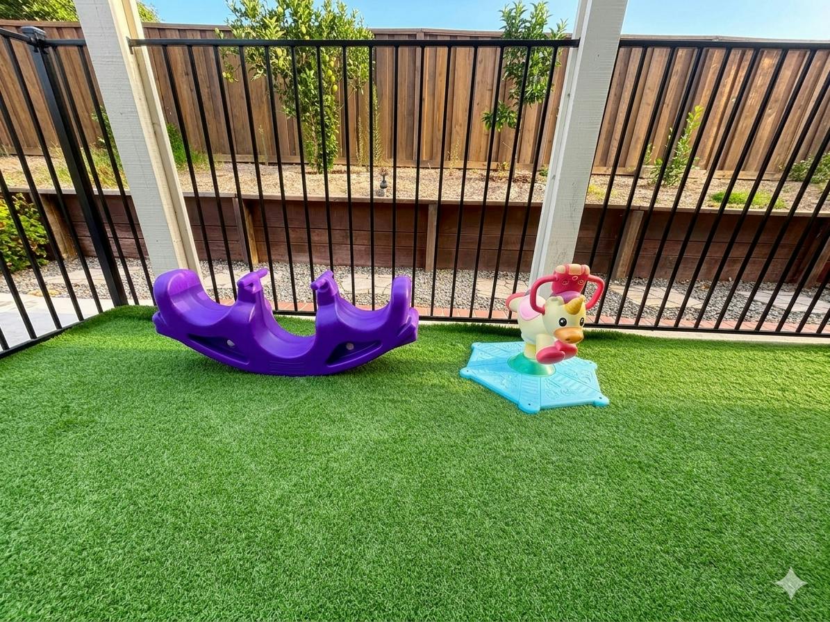 Plastic seesaw and toy unicorn on artificial turf in a fenced yard