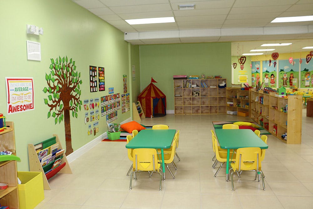Empty classroom with small tables and chairs