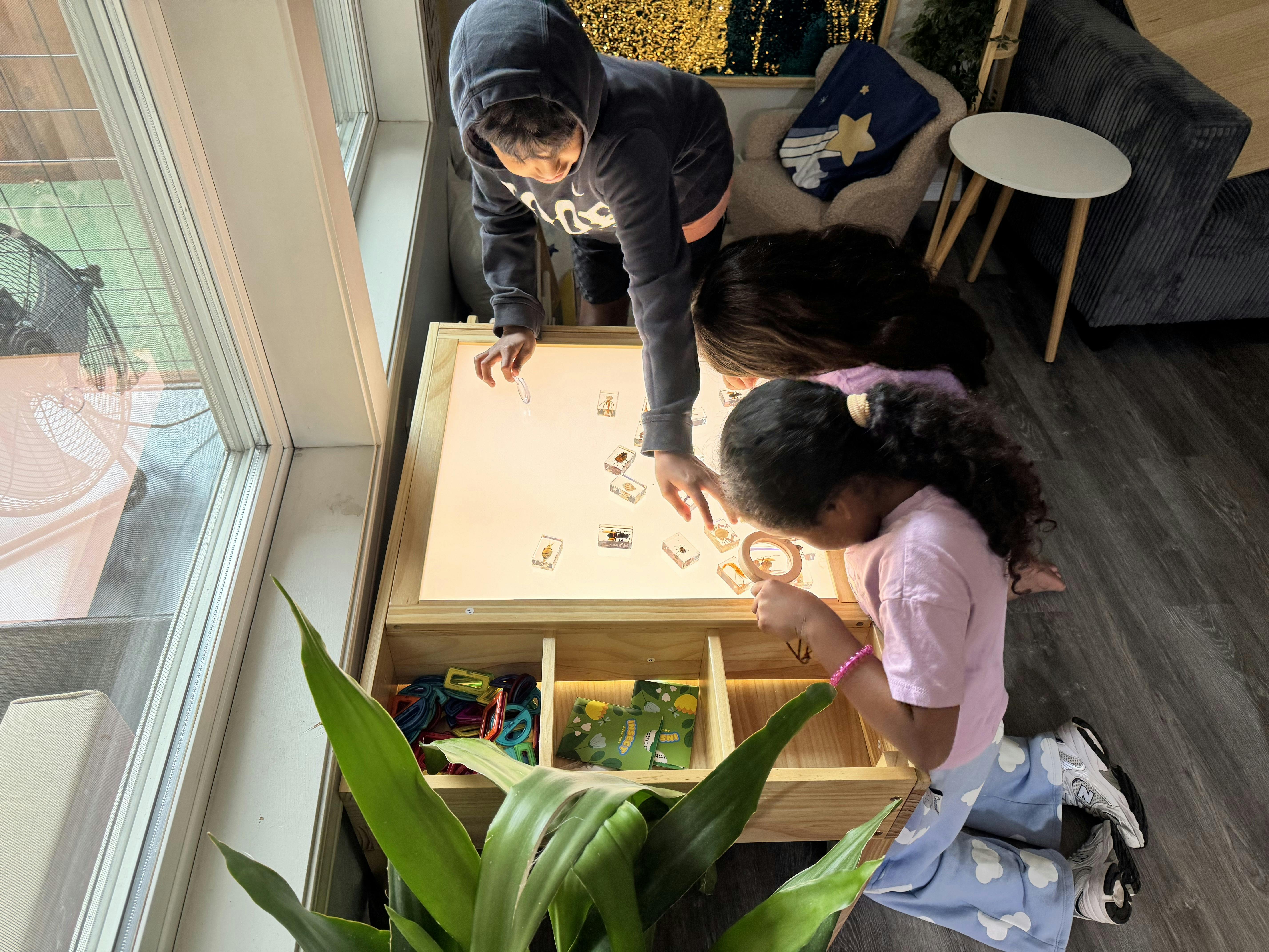Children examining small objects on a light table