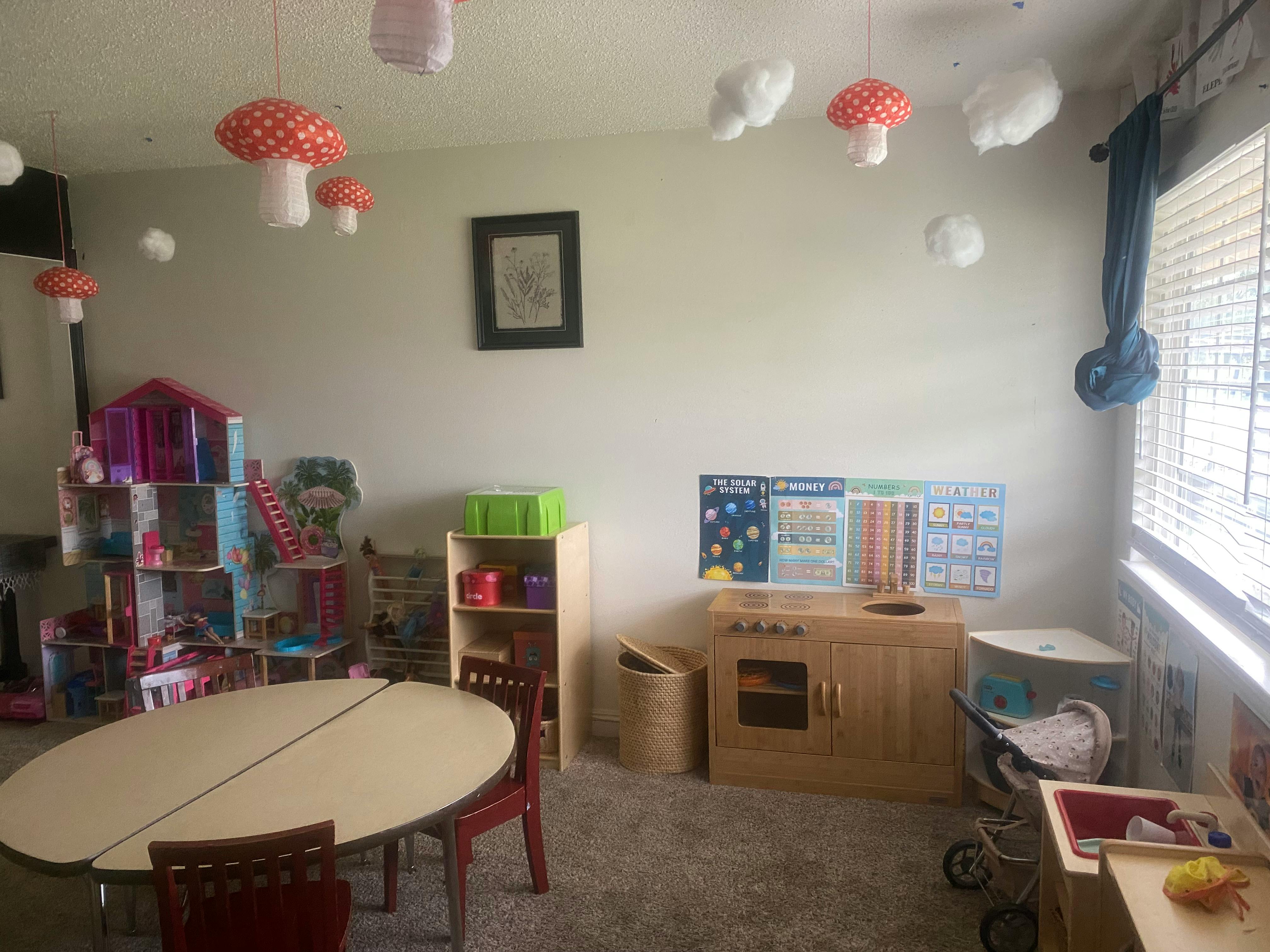 Playroom with dollhouse, toy kitchen, educational posters, and mushroom decor