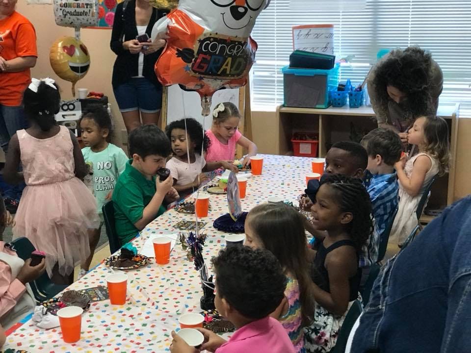 Children sitting at a table with cups and plates