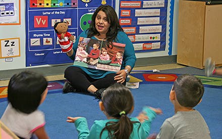 Person reading a book to children in a classroom