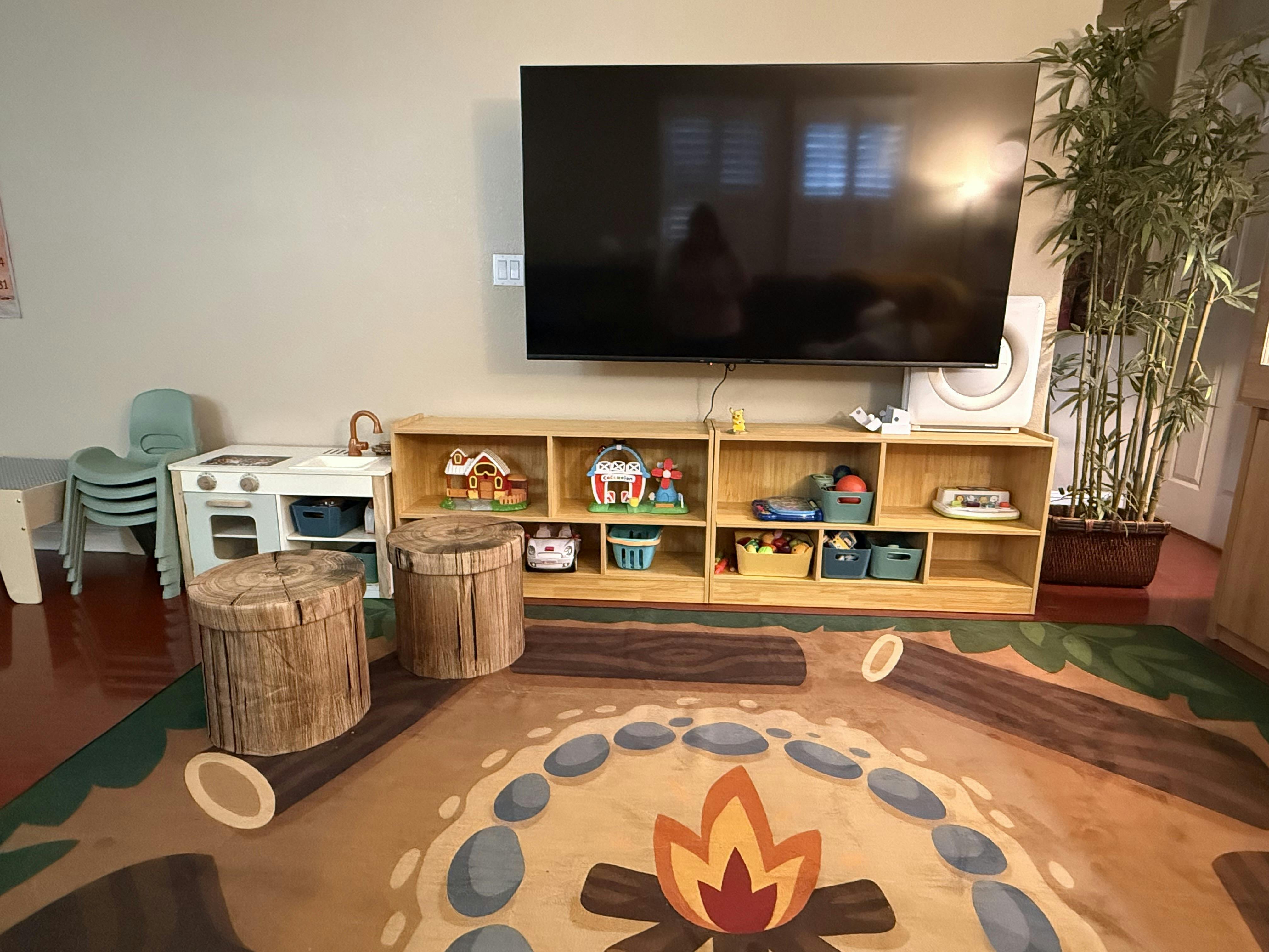 Playroom with a TV, cubbies, wooden stools, and a campfire-themed rug