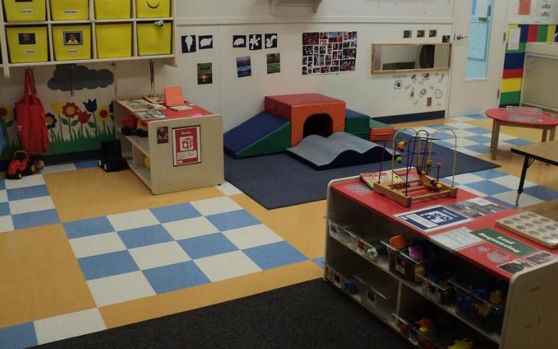Childcare classroom with soft play equipment and activity tables