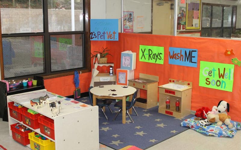 Classroom pet vet play area with signs for X-Rays, Wash Me, and Get Well Soon