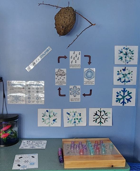 Snowflake-themed classroom display with diagrams, artwork, and a game