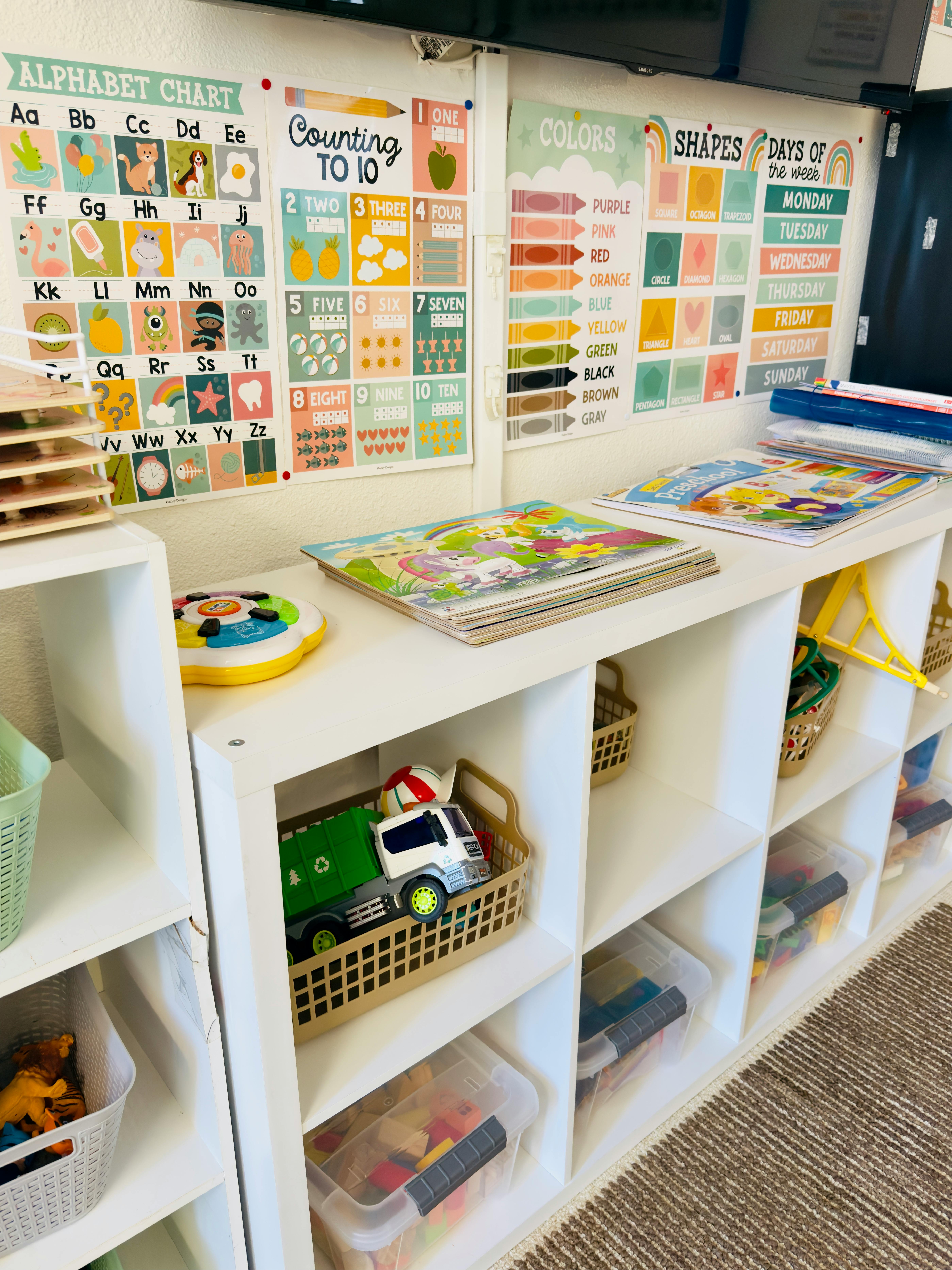 Classroom with alphabet, counting, colors, shapes, and days of the week charts