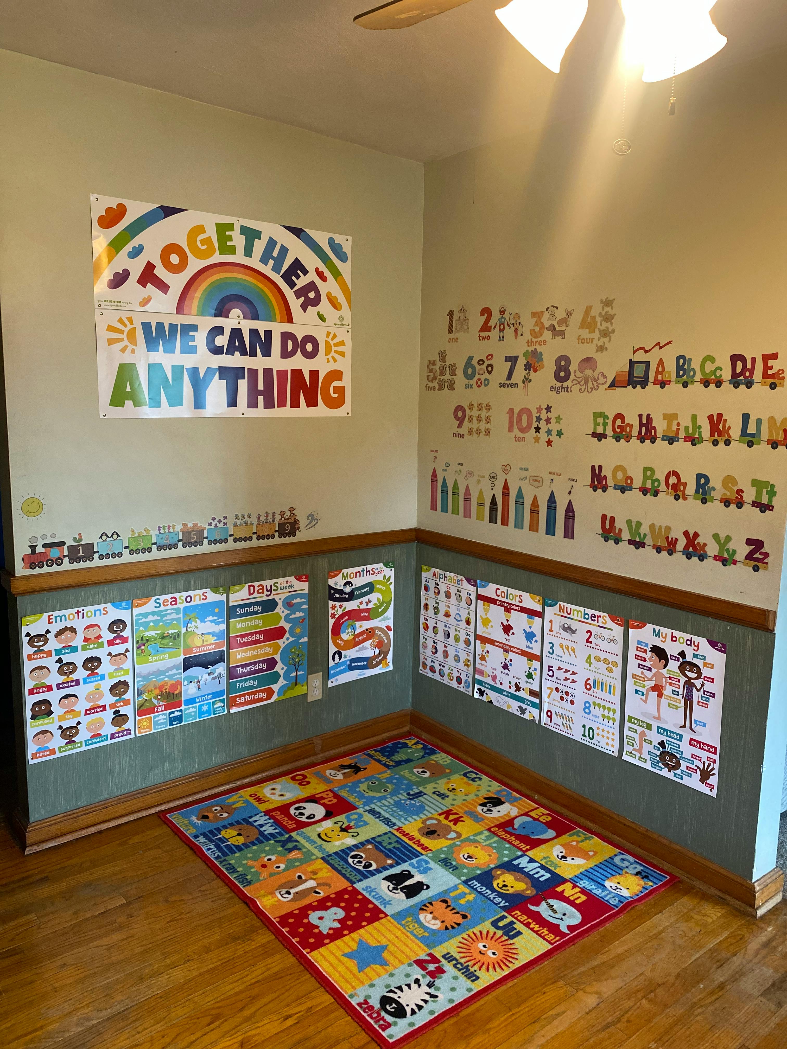 Classroom with educational posters and a colorful rug