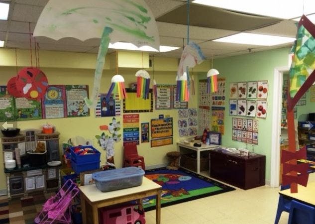 Classroom with colorful decorations and learning materials on walls