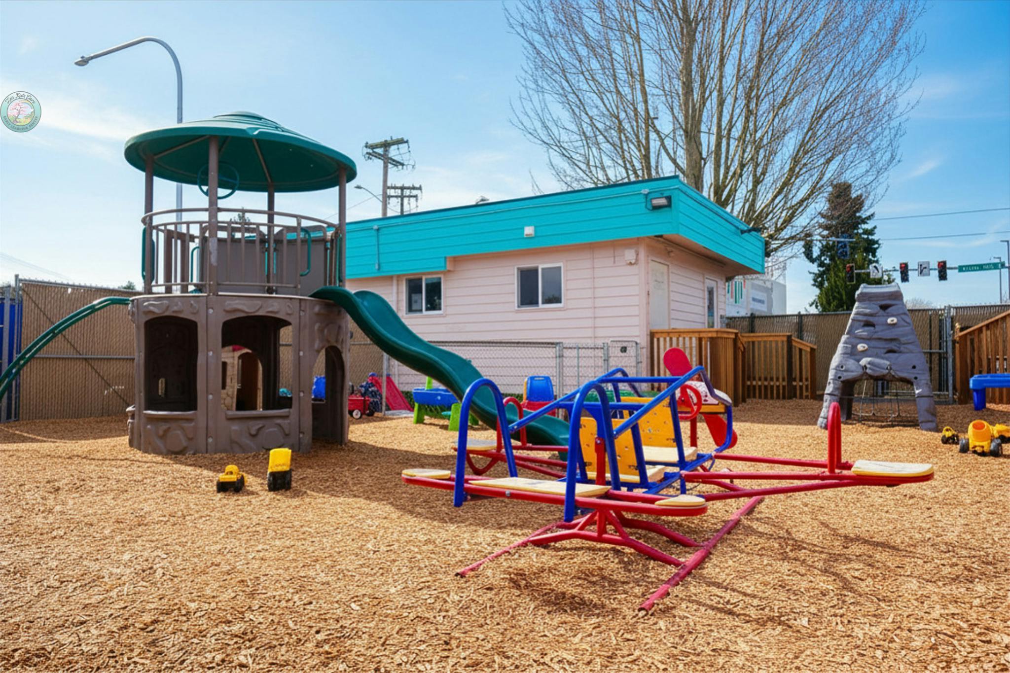 Playground with a slide, climbing structure, and teeter-totter on wood chips