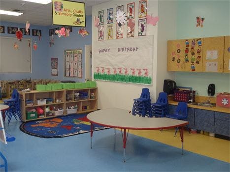 Classroom with tables, chairs, shelves, and a "Happy Birthday" sign