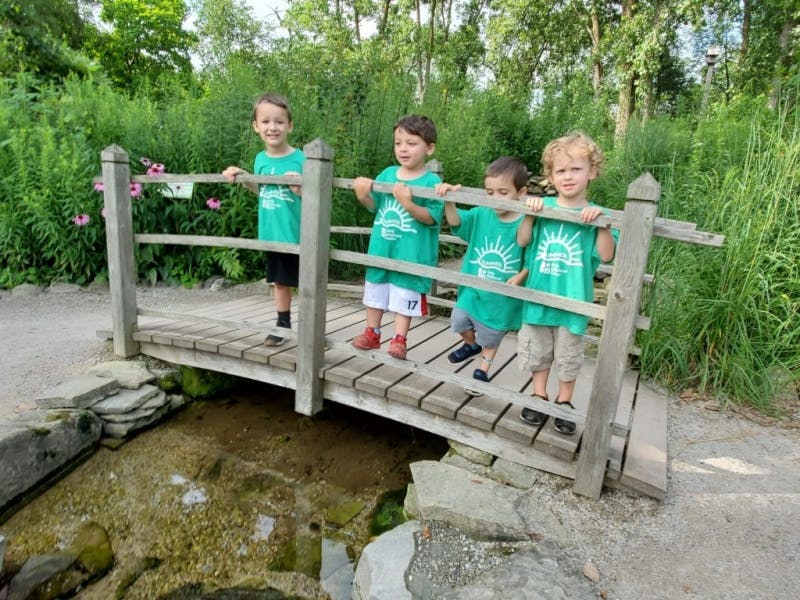 Four children standing on a small wooden bridge over a stream
