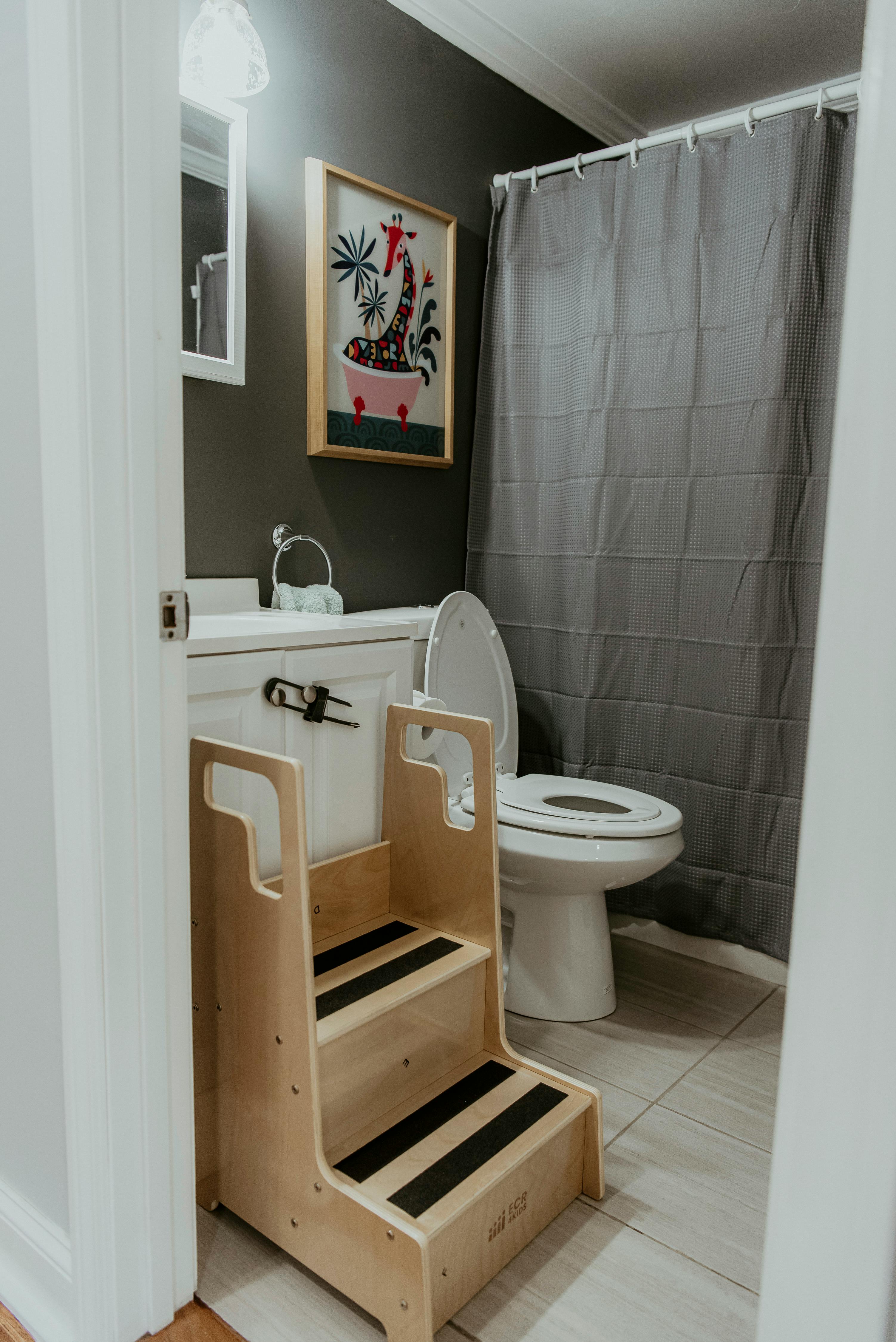 Bathroom with a toilet, sink, and wooden step stool