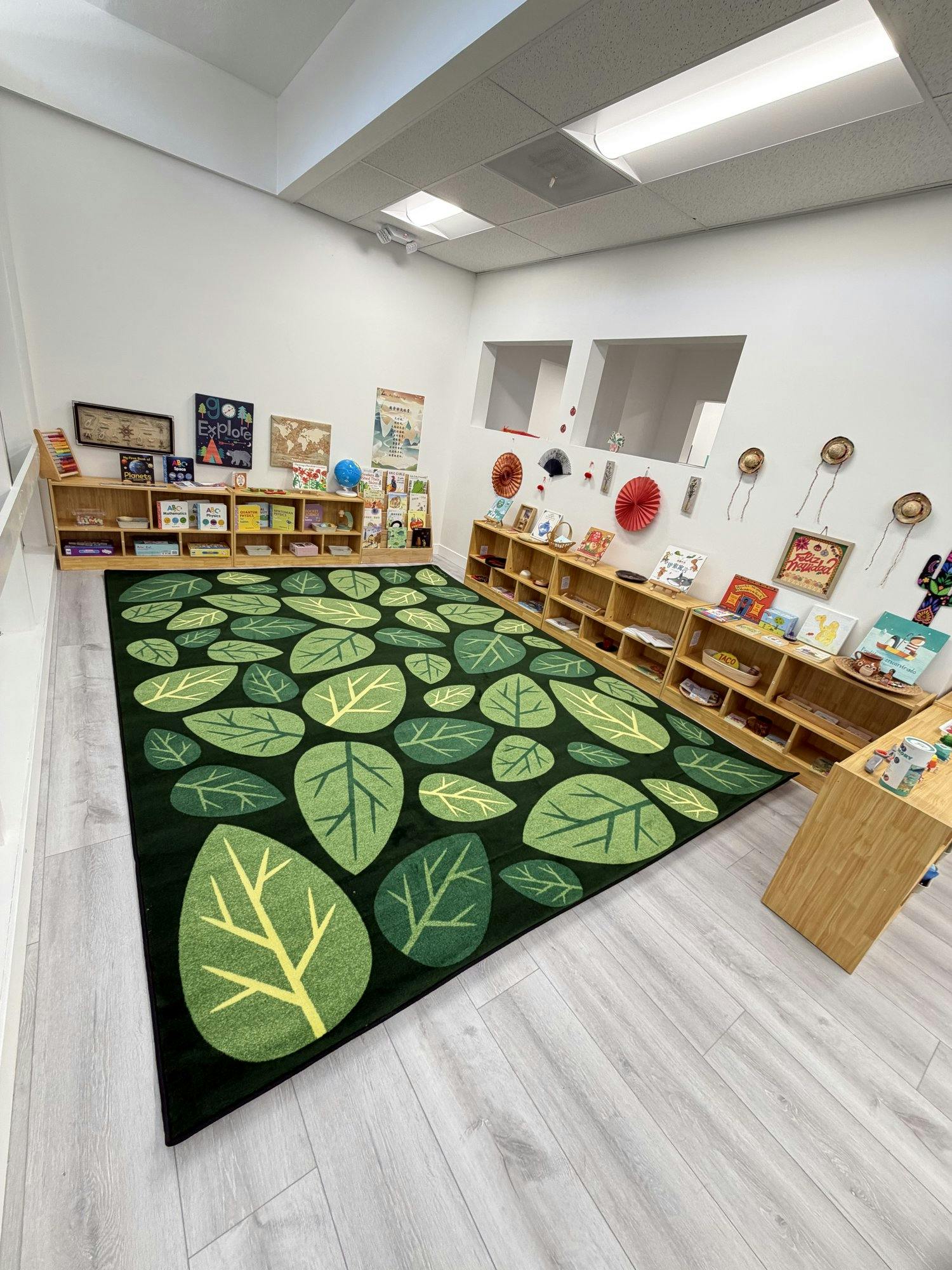 Children's classroom with a green rug featuring leaf patterns, bookshelves, and decor
