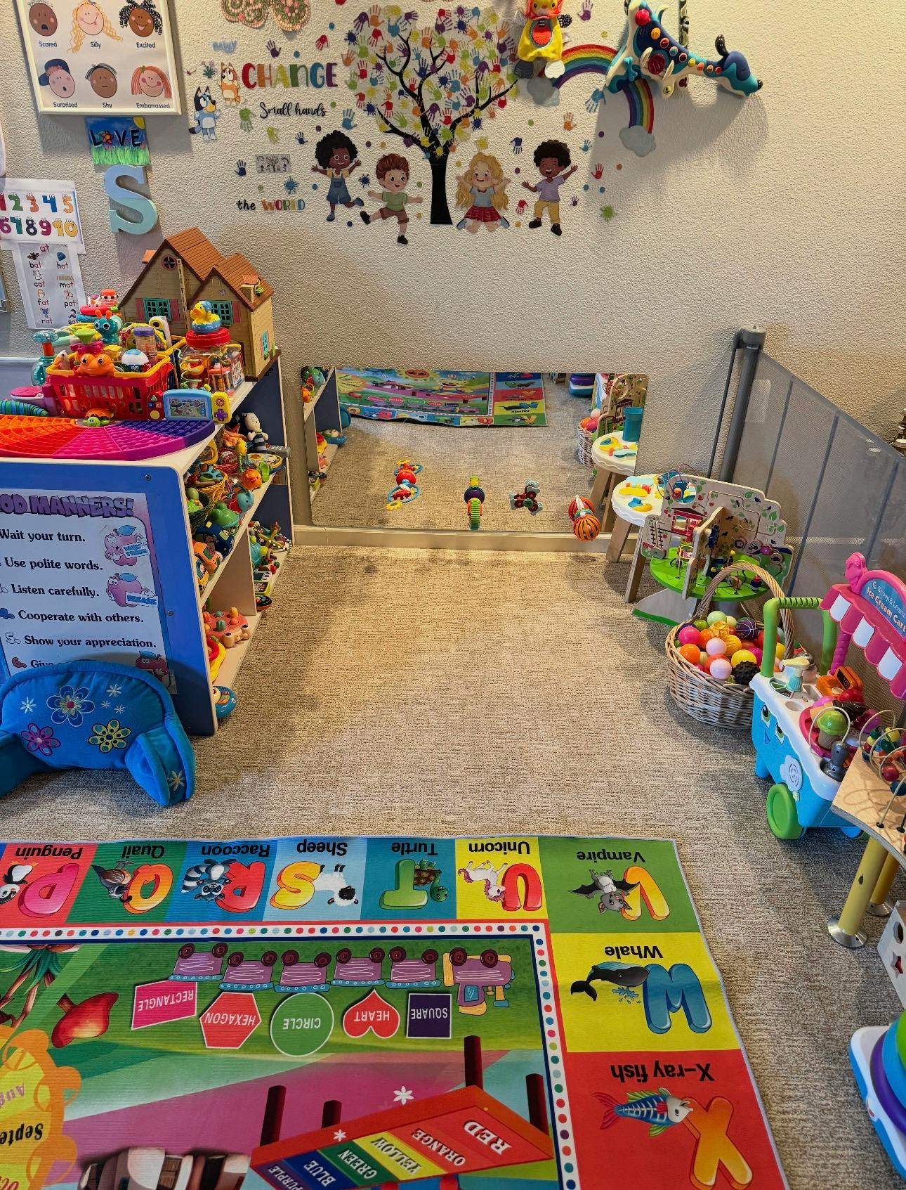 Colorful playroom with shelves, toys, and an educational rug