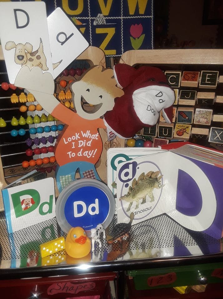 Learning materials with letter D, including flashcards, books, and toys