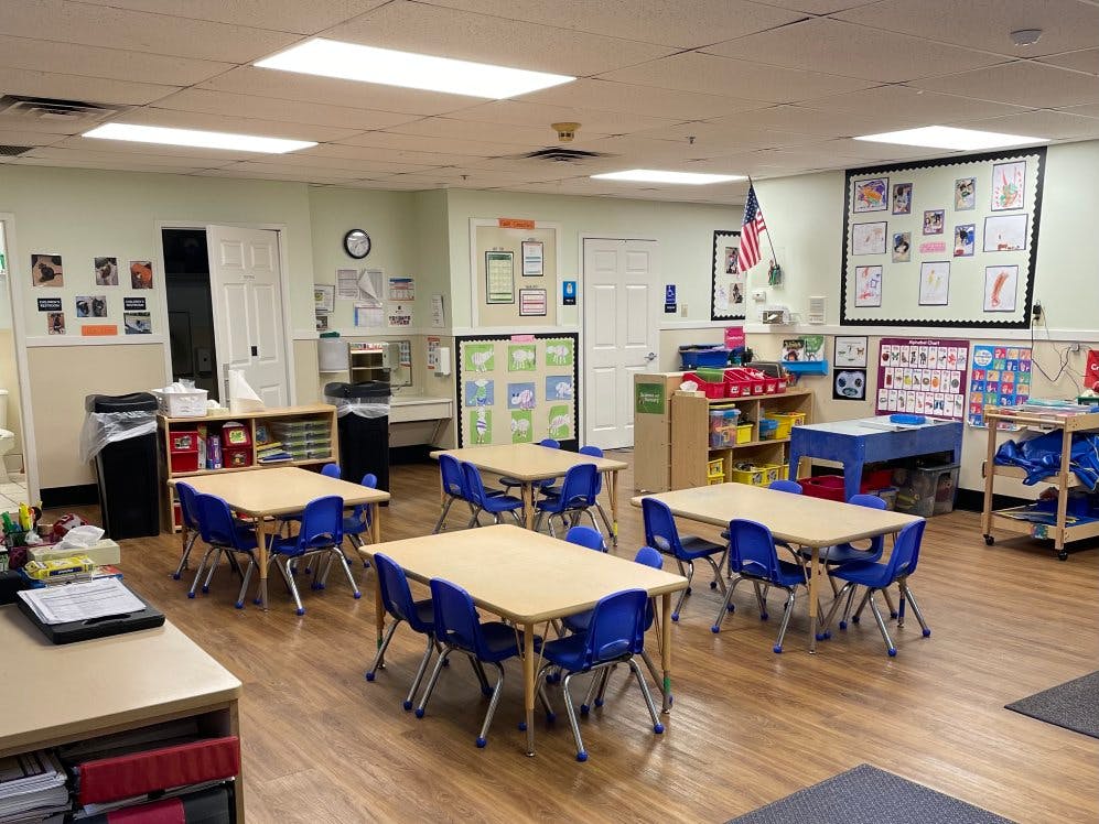 Empty classroom with small tables and chairs