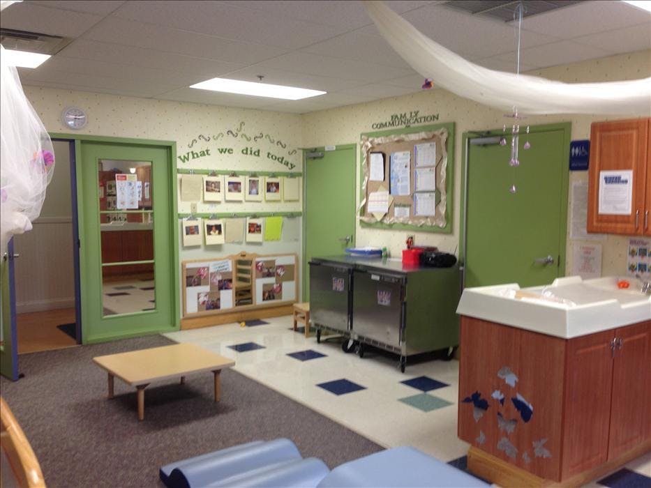 Classroom with display boards on walls and child-sized furniture
