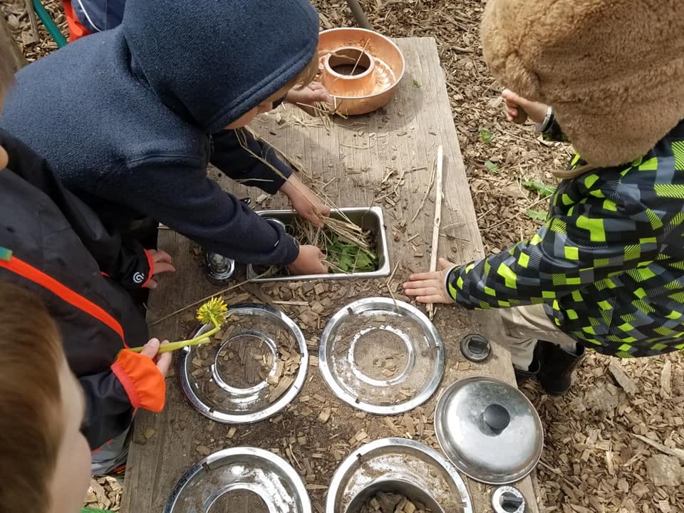 Children playing with natural materials and metal bowls outdoors