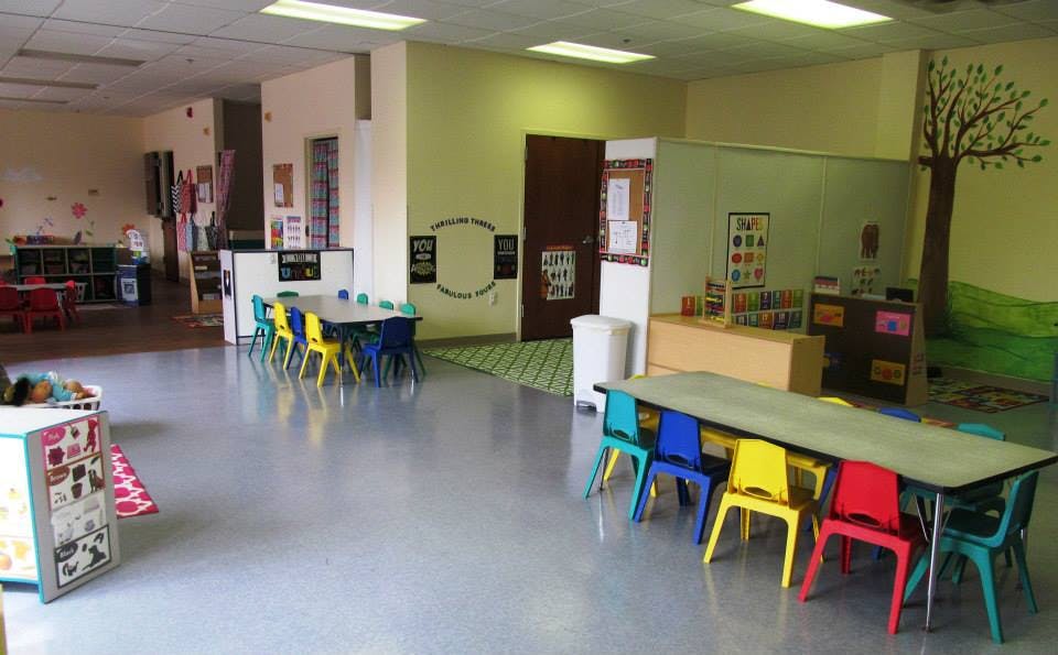 Classroom with small tables and colorful chairs