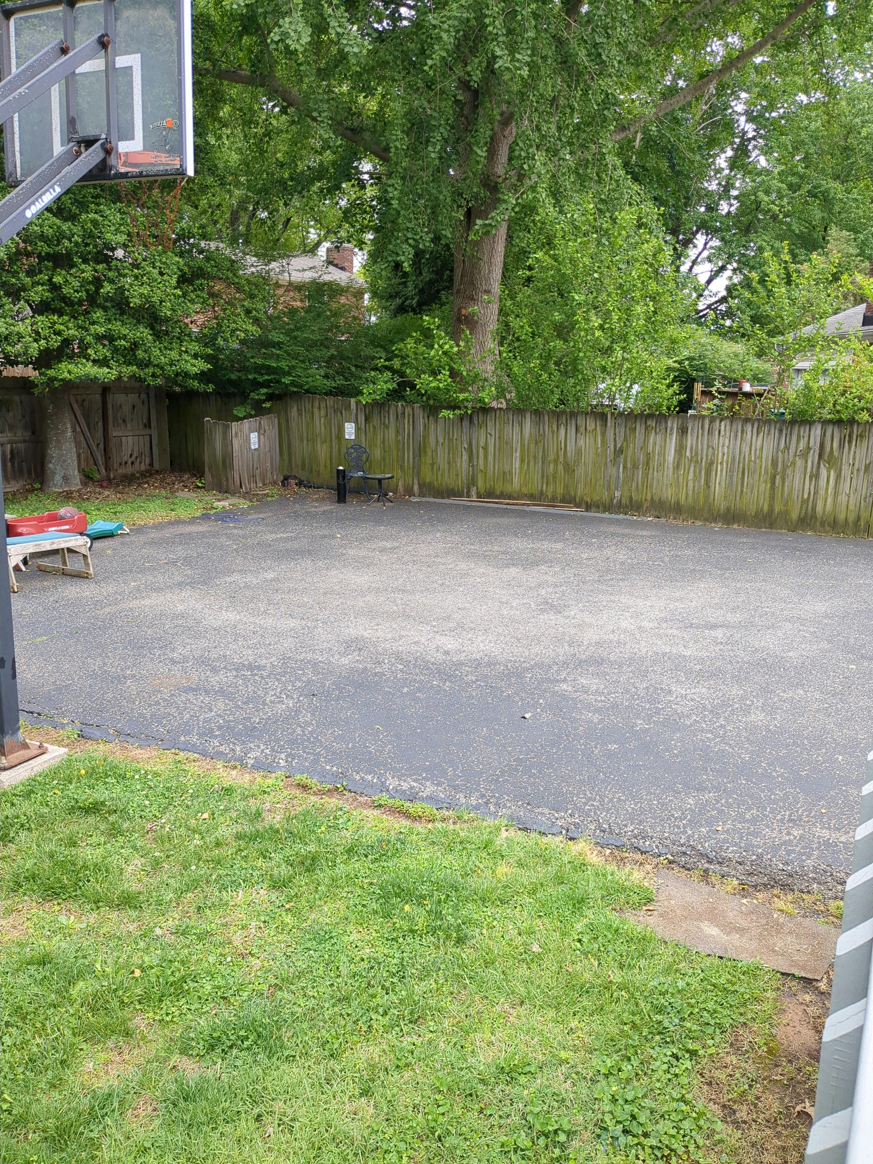 Basketball hoop with a paved driveway next to a wooden fence and grassy area