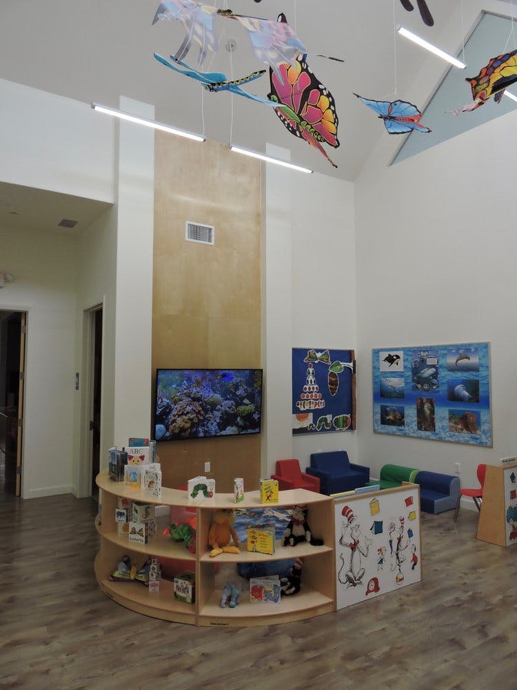 Children's play area with a TV, shelves of toys, and small chairs