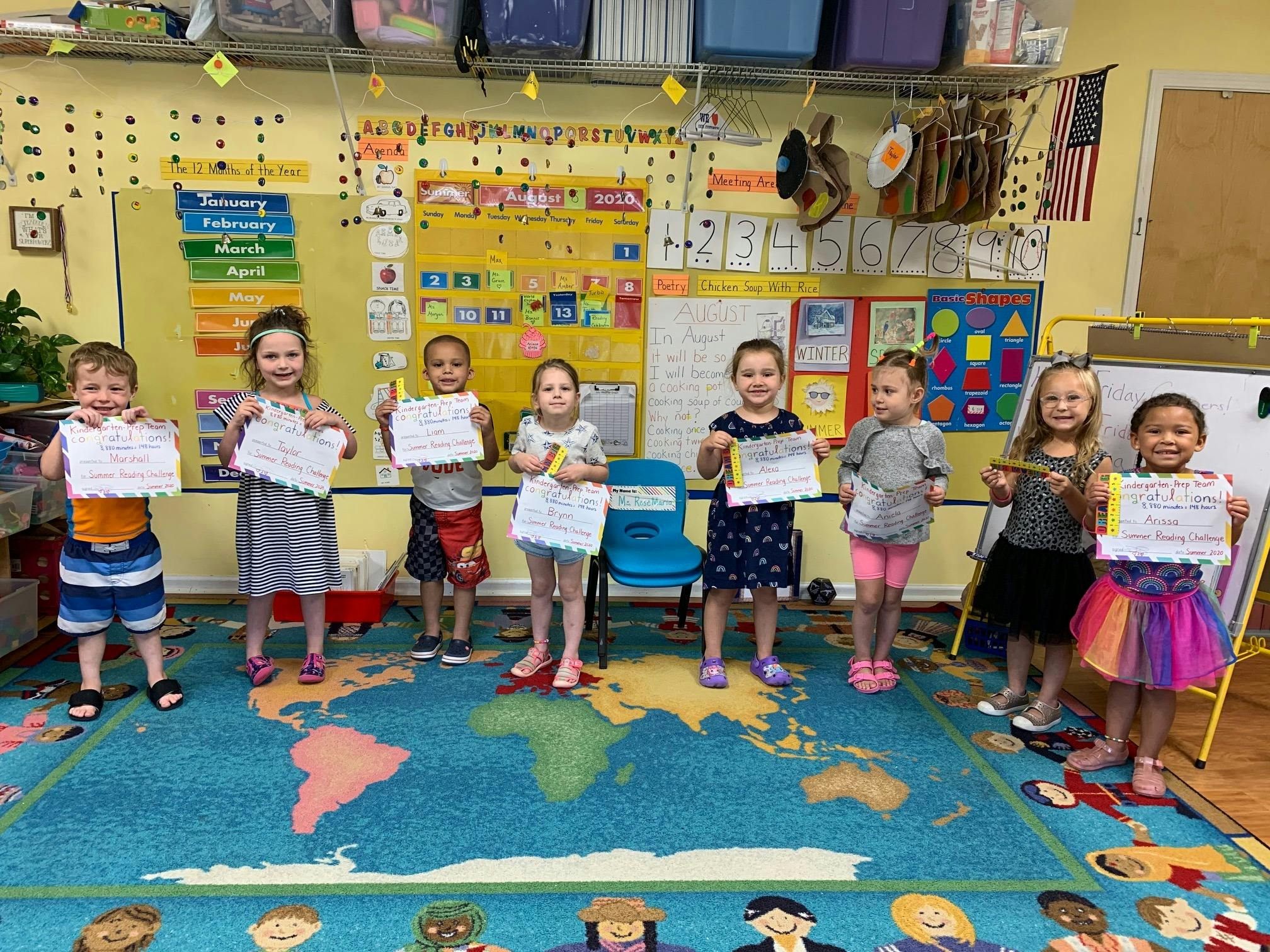 Children holding up papers in a classroom