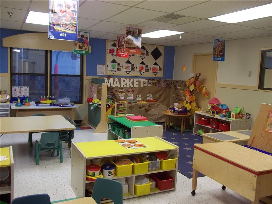An empty early childhood classroom with different learning stations