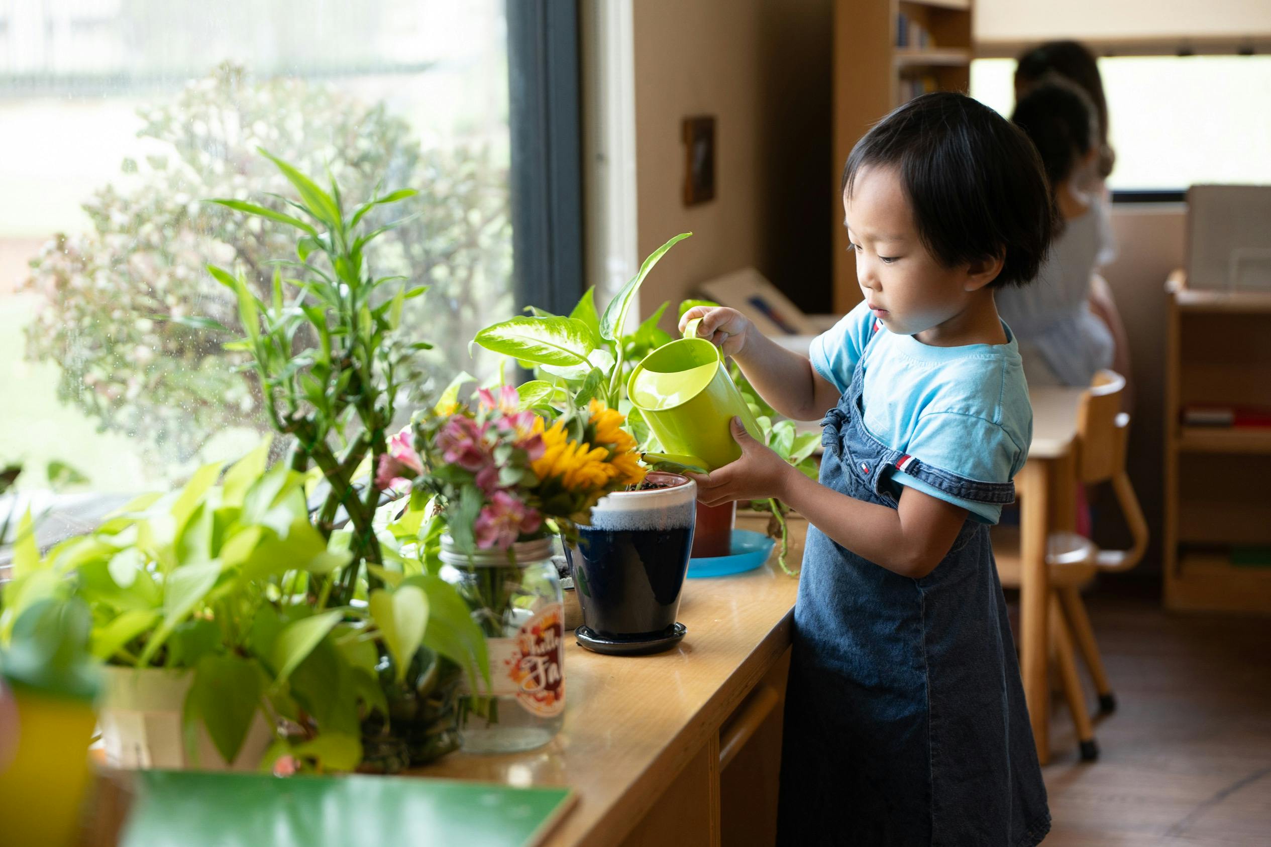 Child watering plants on a windowsill