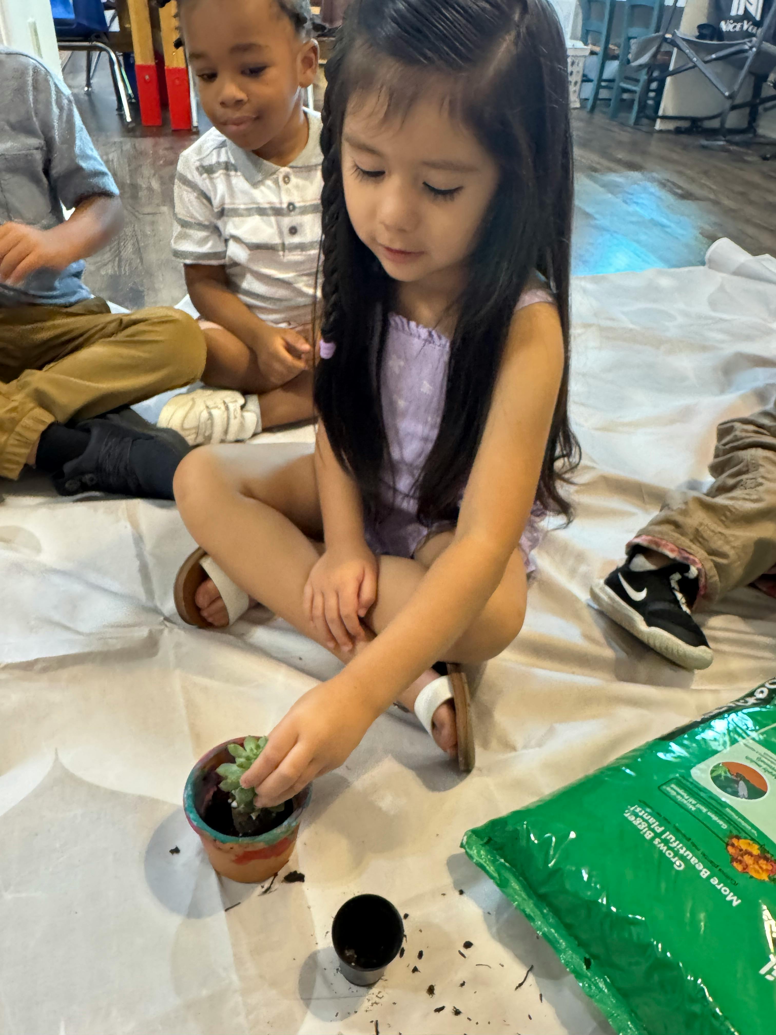 Child planting a small succulent in a pot
