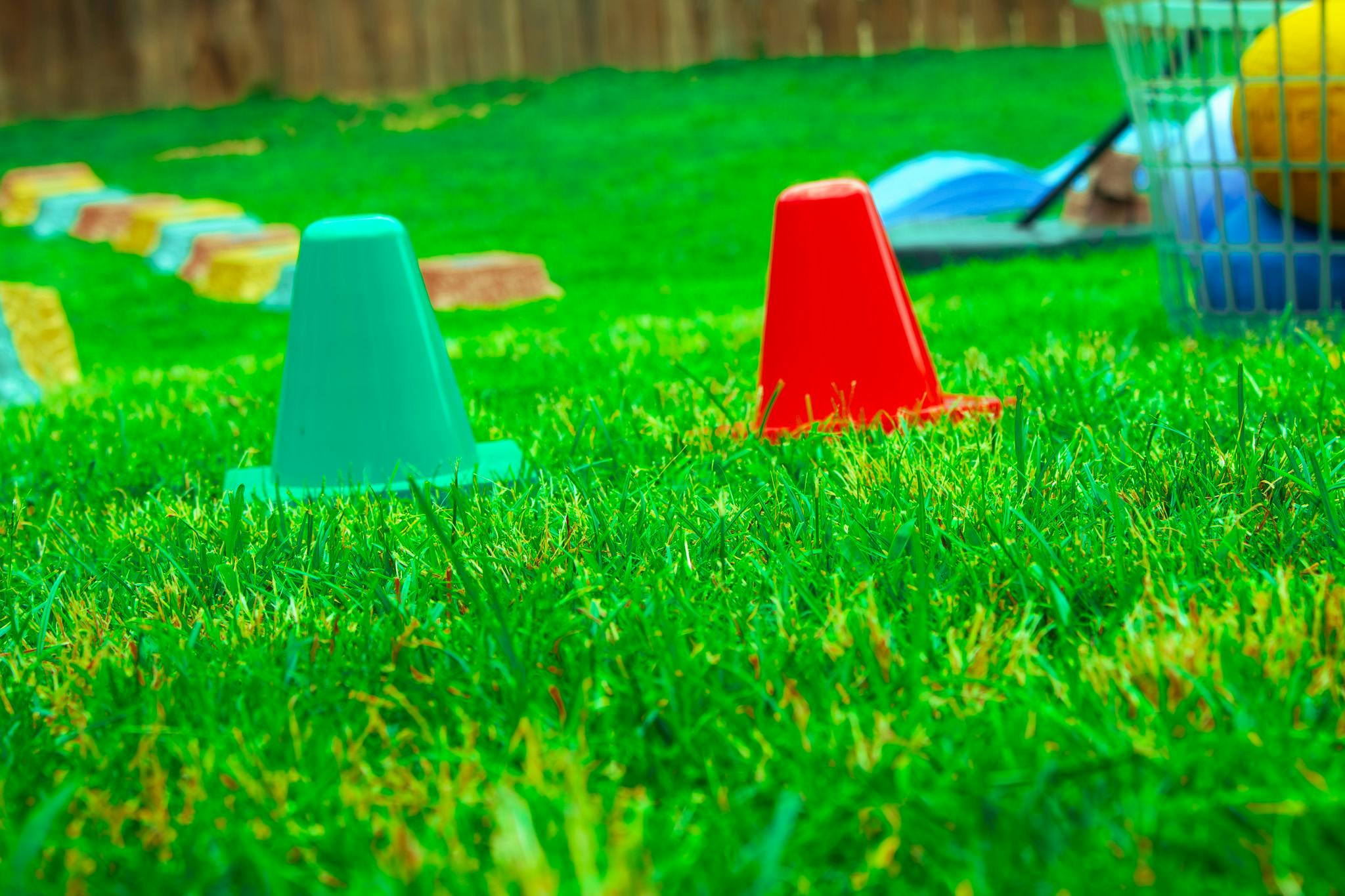 Green and red cones on a grassy lawn with a basket of balls in the background