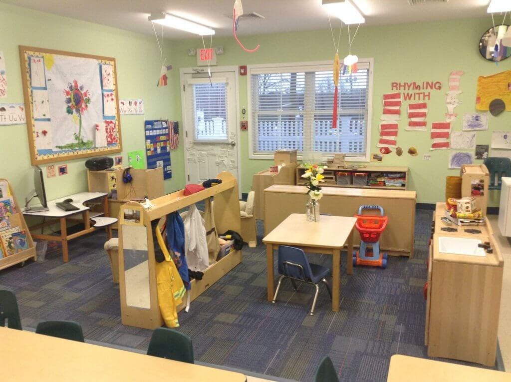 Empty classroom with small tables and chairs