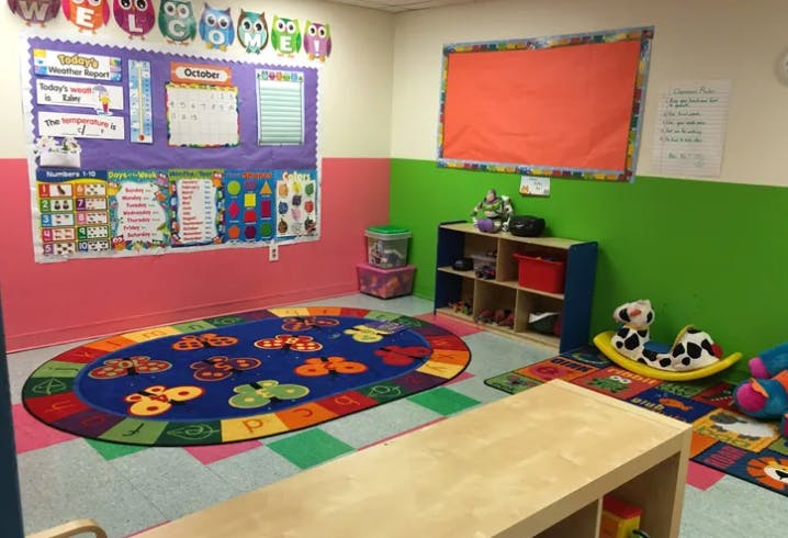 Colorful classroom with a butterfly rug and bulletin boards