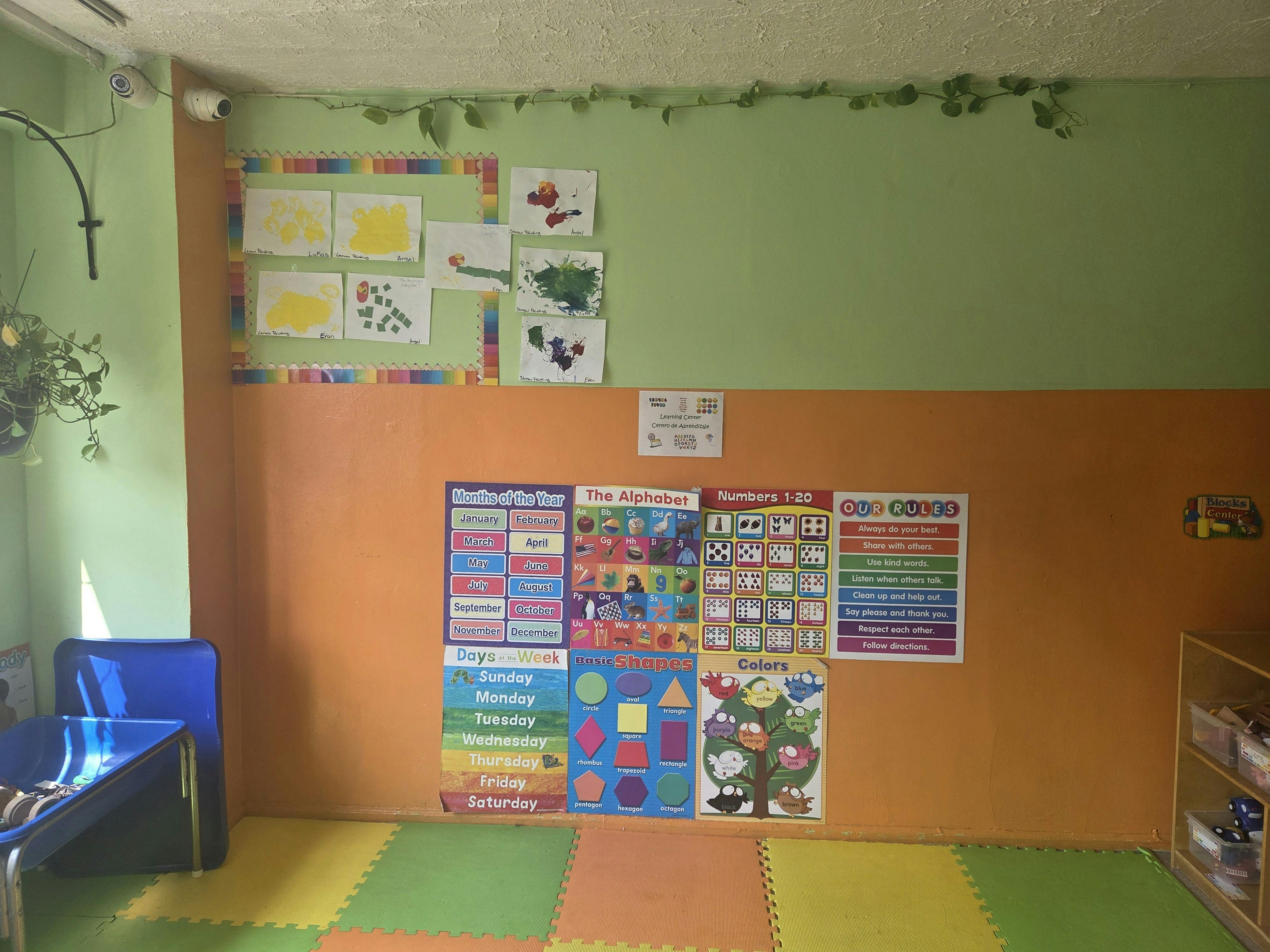 Classroom wall with colorful posters and children's drawings
