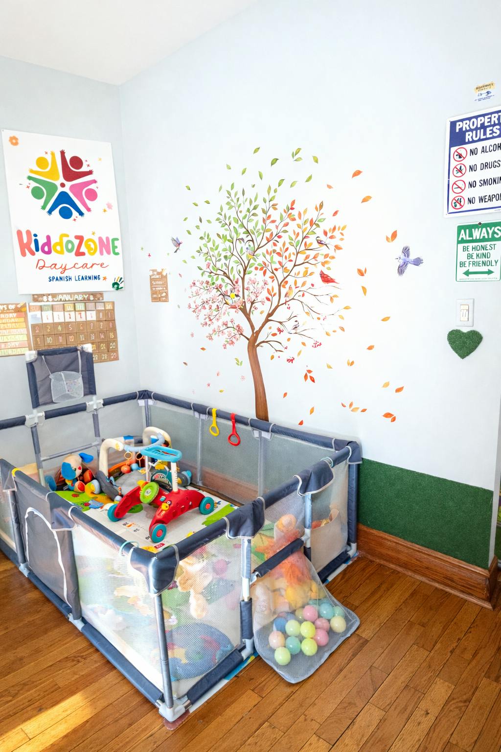Playpen filled with toys in a decorated daycare room