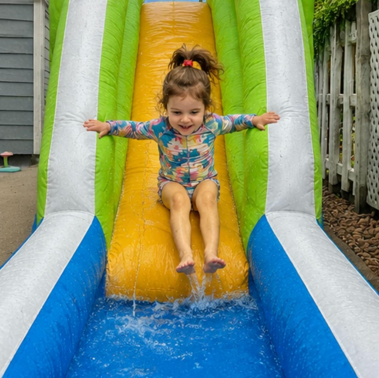 Child sliding down an inflatable water slide