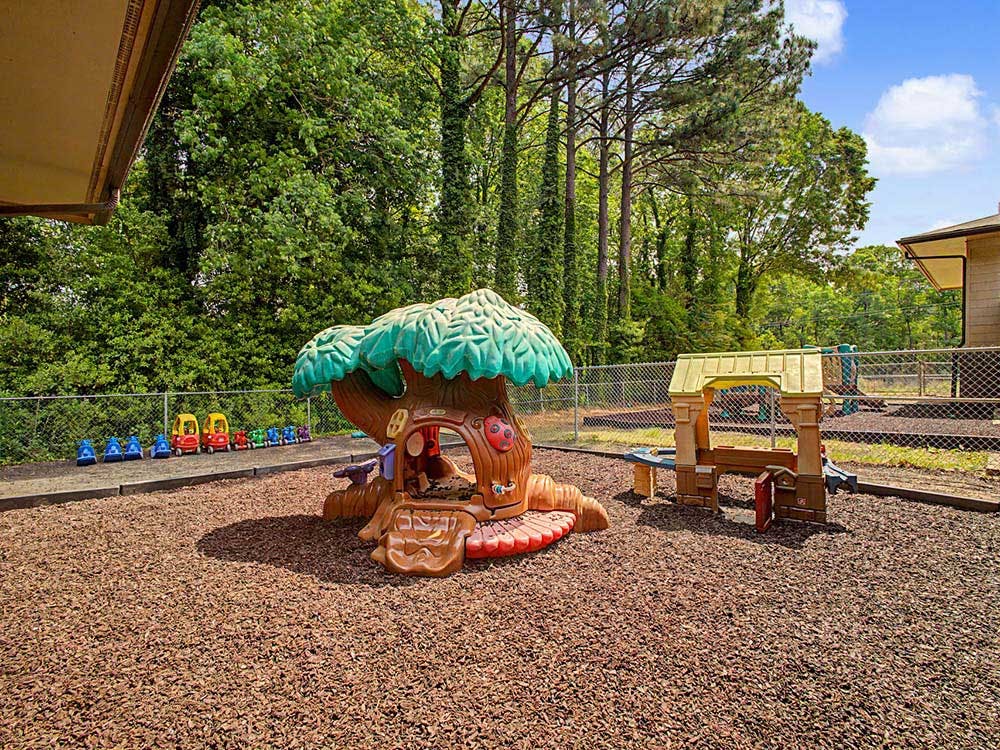 Playground with brown wood chips, a play tree, and small playhouse