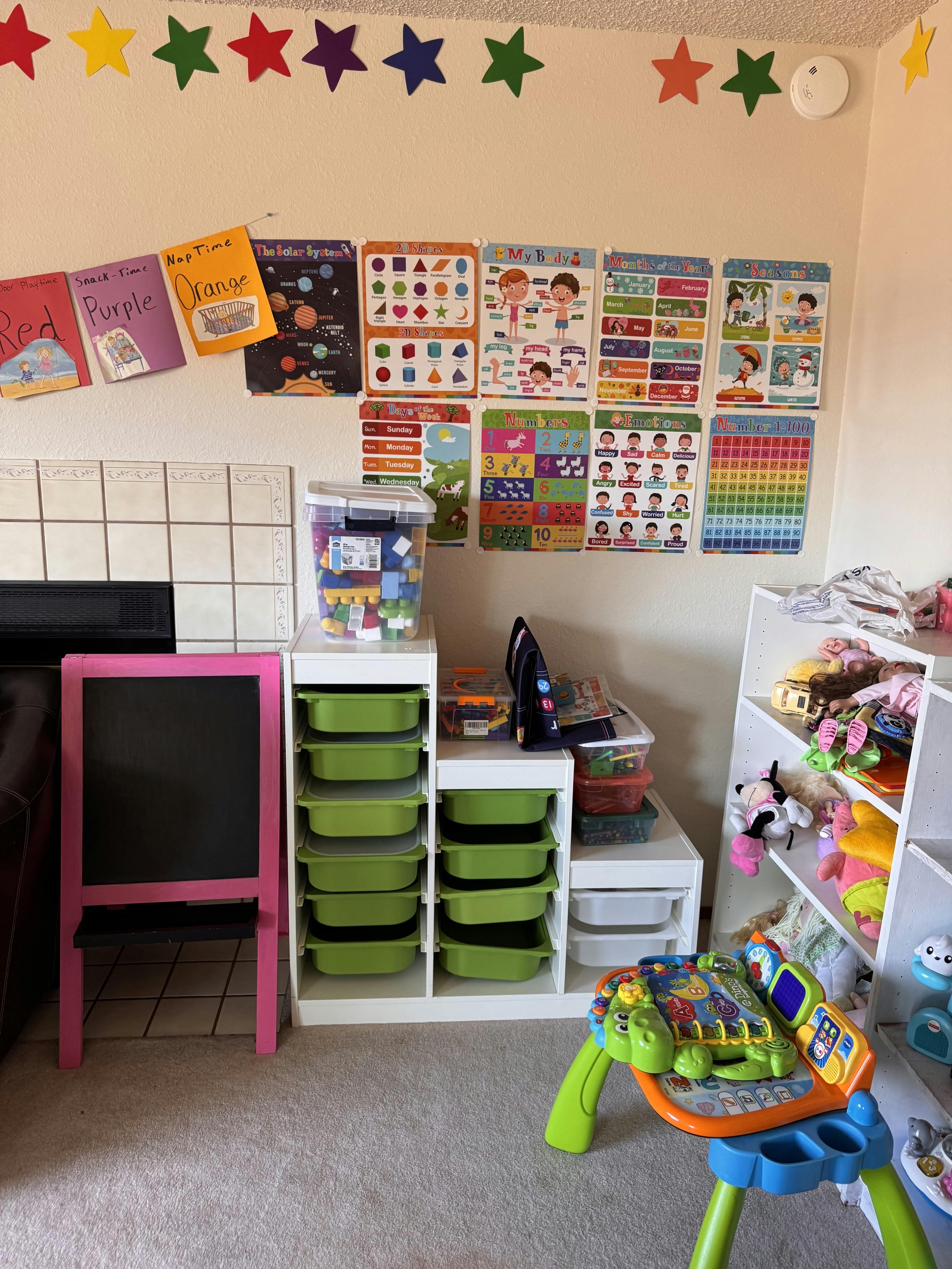 Classroom wall with educational posters, books, and star decorations