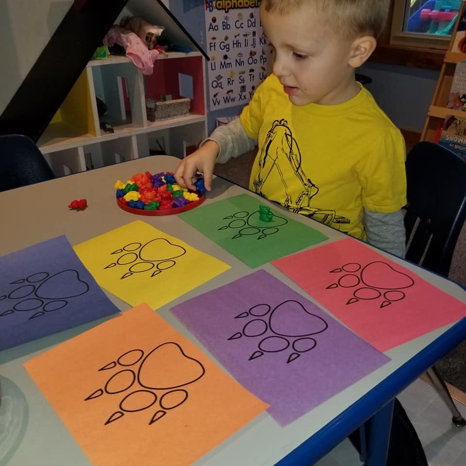 Child playing with colorful counters and paw print cards