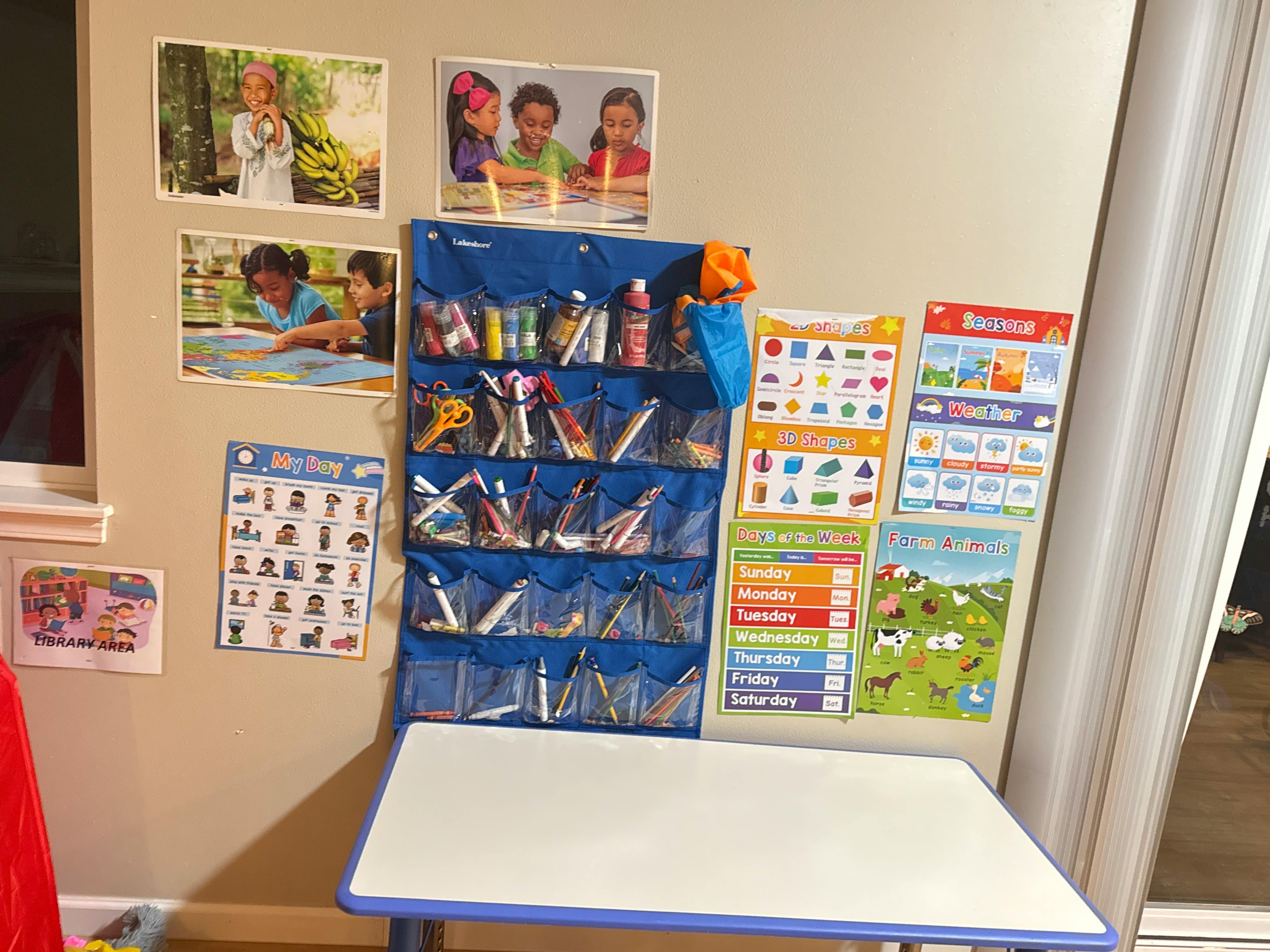 Wall with educational posters, a hanging organizer, and a small table
