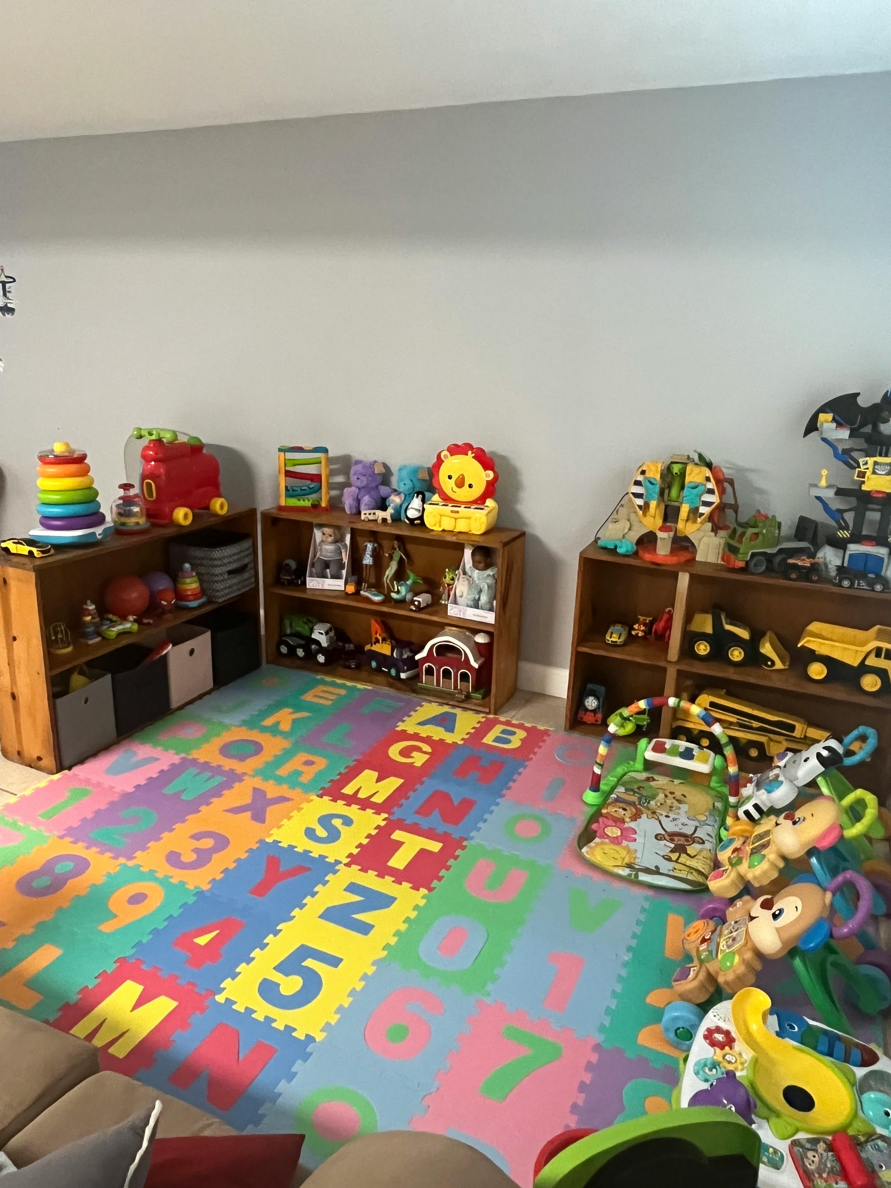 Playroom with alphabet and number floor mat, shelves of toys