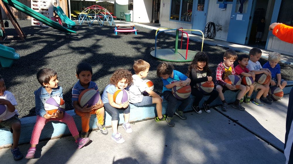 Children sitting on a ledge holding basketballs