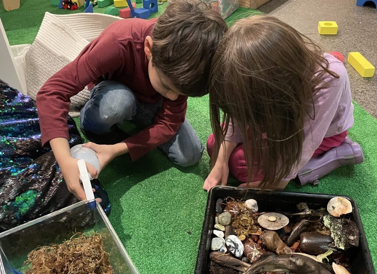 Child spraying water into a terrarium while another child watches