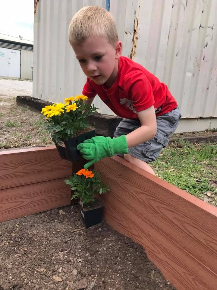 Child in green gloves planting flowers in a raised garden bed